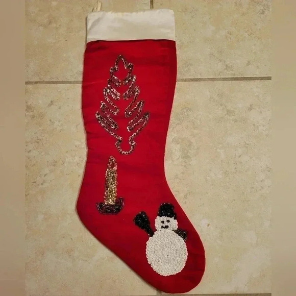 Vintage Red Velour Christmas Stocking Homemade Sequins Tree Snowman - Picture 1 of 7